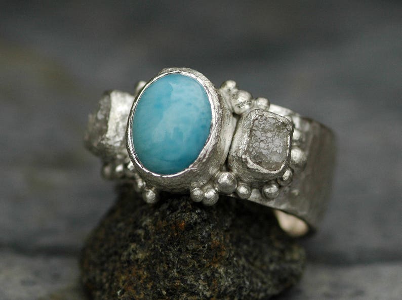 Sky Blue Larimar and Raw Diamonds in Hammered Sterling Silver - Etsy