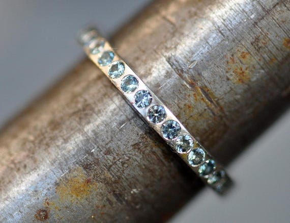 Recycled 18k or 14k Yellow Rose White Gold Stacking Wedding Ring Band With Flush Set Australian Teal Sapphires- Made to Order Handmade