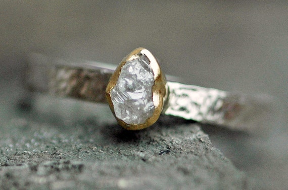 Conflict-free Rough Diamond Ring in 22k Yellow Gold and 14k White Gold- Mixed Metal Engagement Ring Handmade