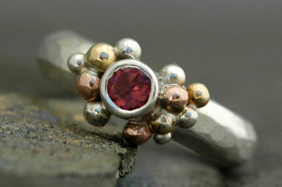 Pink Tourmaline in Sterling Silver, Rose Gold, and Yellow Gold Ring- Custom Made Handmade