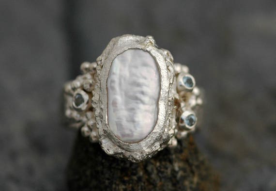 Biwa Pearl and Aquamarine in Reticulated and Hammered Sterling Silver Ring- Made to Order