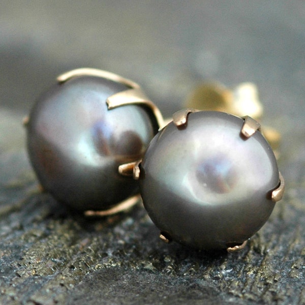 Steel Grey Pearl and 14k Yellow Gold Earrings