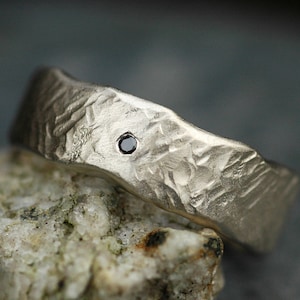 Silver or Gold Band With Black Diamond- Recycled Gold in Herringbone Texture Wave Ring Custom Sterling 14k or 18k White Yellow Rose Gold