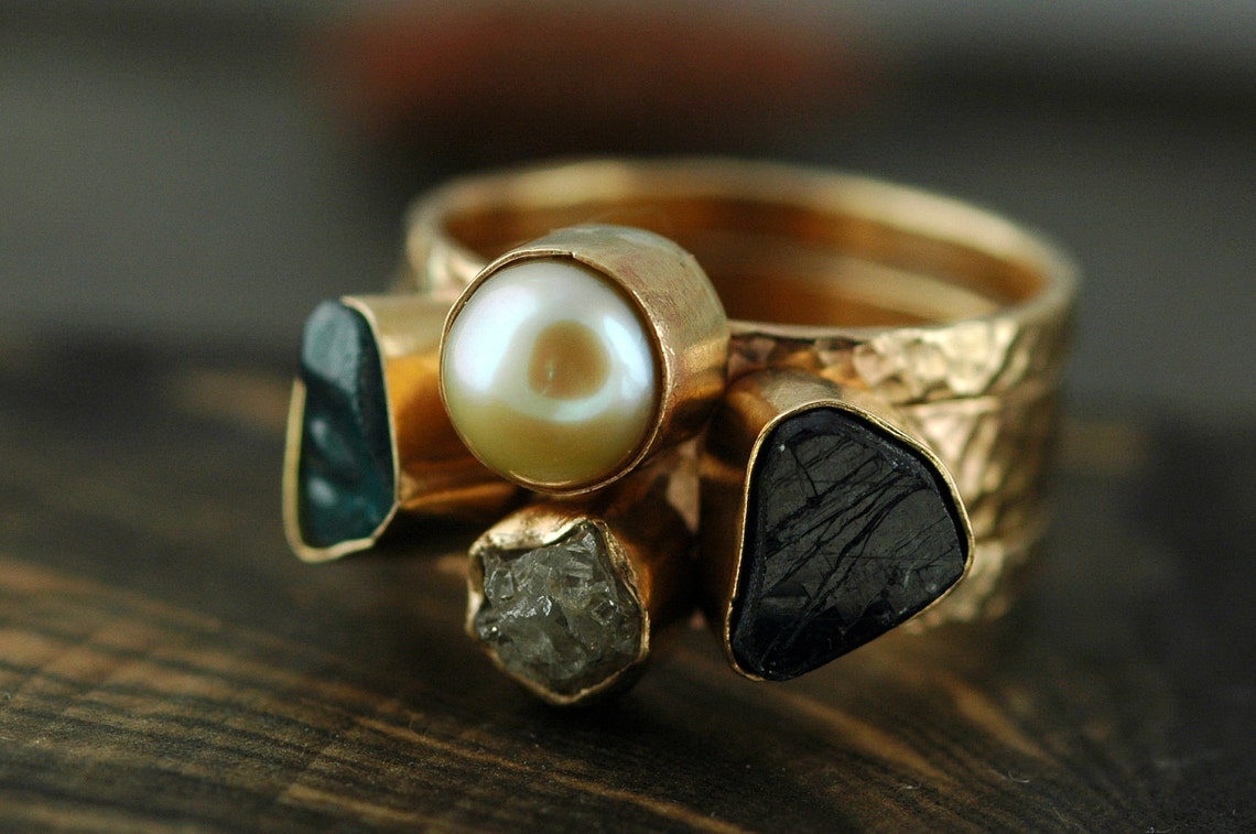 Multistone Three Stacking Rings- Custom 14k Gold Set With Pearl, Rough ...