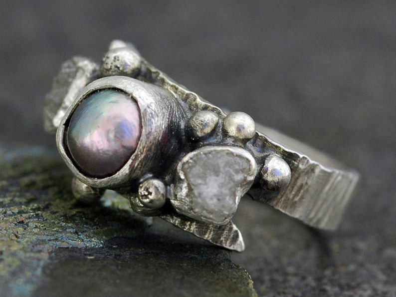 Raw Rough Diamonds and Steel Grey Pearl in Textured Sterling Silver Ring Custom Made Handmade image 3