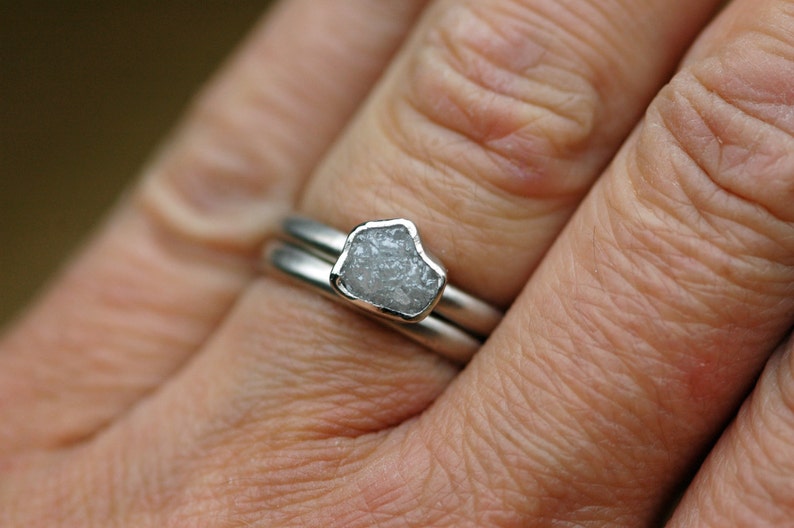 Conflict Free Rough Large Diamond Engagement Ring and Wedding Band Set 18k White, Rose, or Yellow Gold Handmade image 4