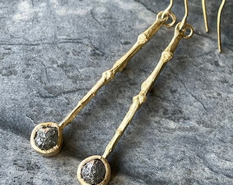 Black Rough Diamonds on 18k Yellow Gold Twig Branch Earrings-Ready to Ship