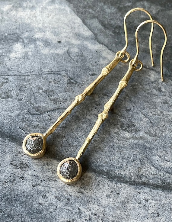 Black Rough Diamonds on 18k Yellow Gold Twig Branch Earrings-Ready to Ship