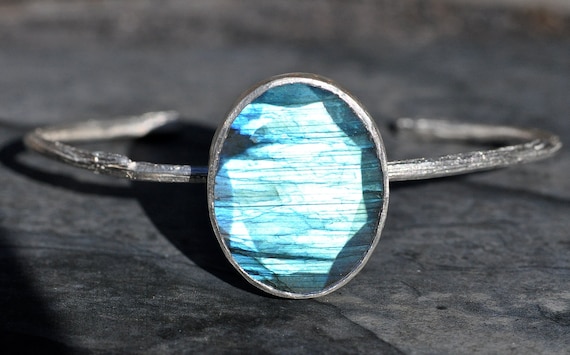 Bright Blue Labradorite and Sterling Silver Twig Cuff Bracelet Ready to Ship Sizeable Handmade