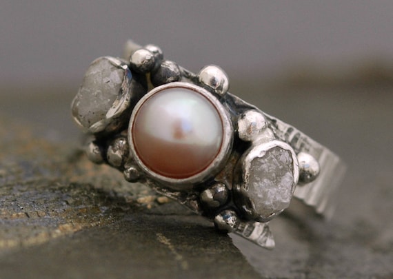 Raw Rough Diamonds and Lavender Pink Pearl in Textured Sterling Silver Ring- Custom Made Handmade