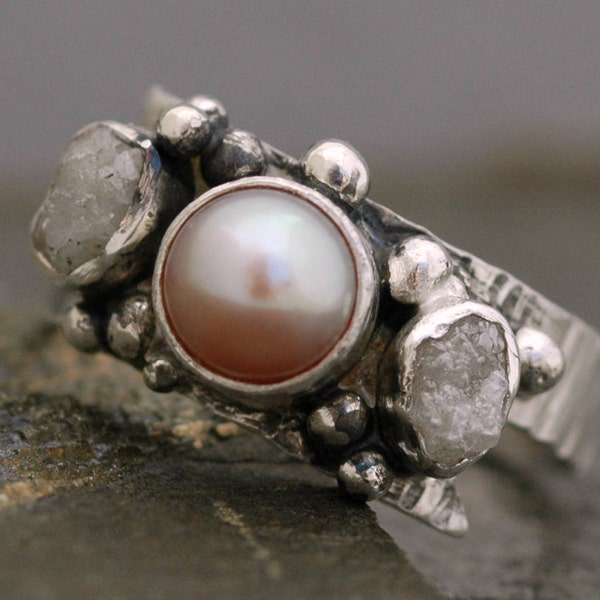 Raw Rough Diamonds and Lavender Pink Pearl in Textured Sterling Silver Ring- Custom Made