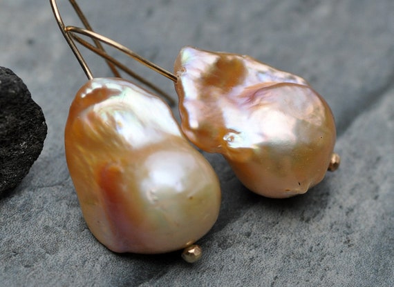 Peach Baroque Flameball Pearls Gold Earrings Ready To Ship Handmade