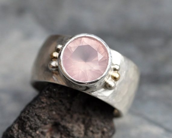 Pink Rose Quartz in  Wide Band Sterling Silver Yellow Gold, Ring Ready to Ship Size 7.5 Handmade