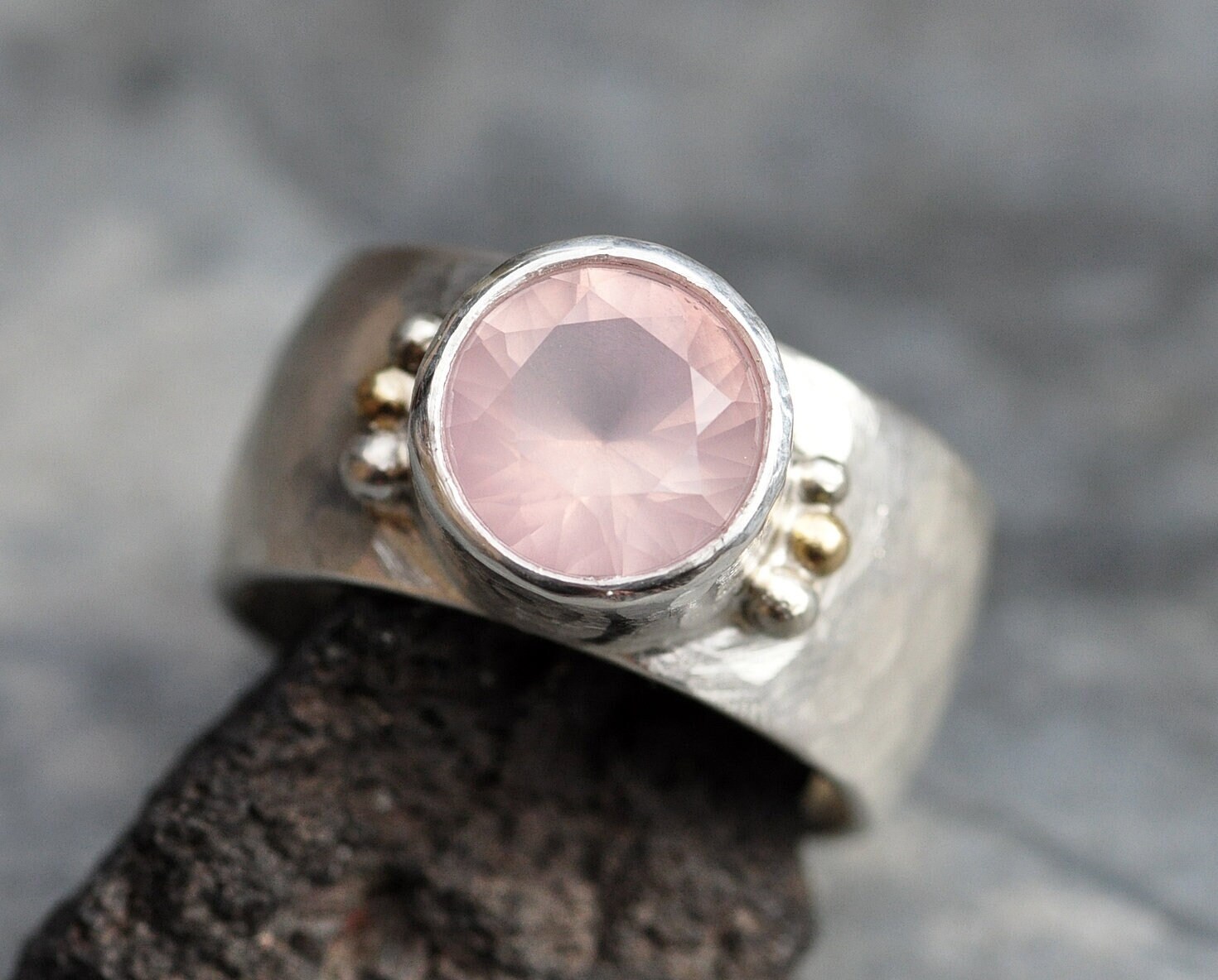 Pink Rose Quartz Wide Band Ring Hammered Sterling Silver, 9 Pink Rose Quartz Wide Band Ring Hammered Sterling Silver, 9