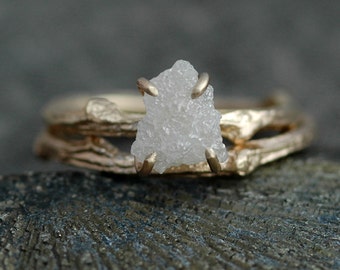 Rough Diamond and 14k Gold Branch Ring- Twig Band, Custom Made Wedding or Engagement Ring in Yellow, White, or Rose Gold