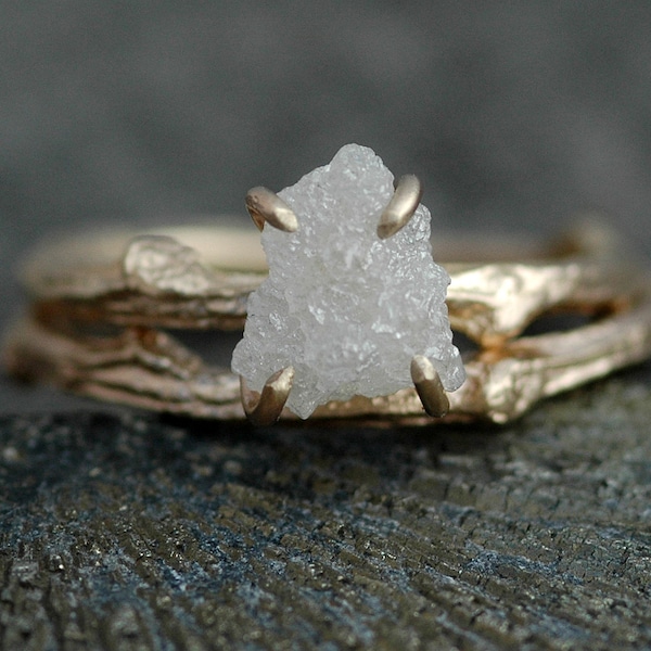 Rough Diamond and 14k Gold Branch Ring- Twig Band, Custom Made Wedding or Engagement Ring in Yellow, White, or Rose Gold Handmade