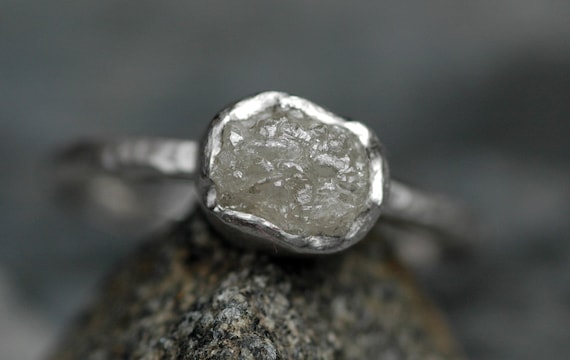 Platinum and Conflict-free Raw Diamond Engagement Ring with Hammered Band- Made to Order Handmade