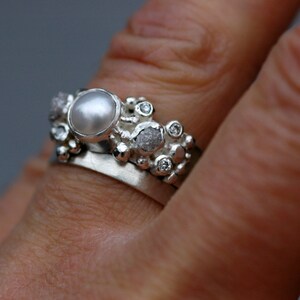 Rough Diamond, Diamond Melee and Pearl Engagement Band Custom Made Custom Colour image 5