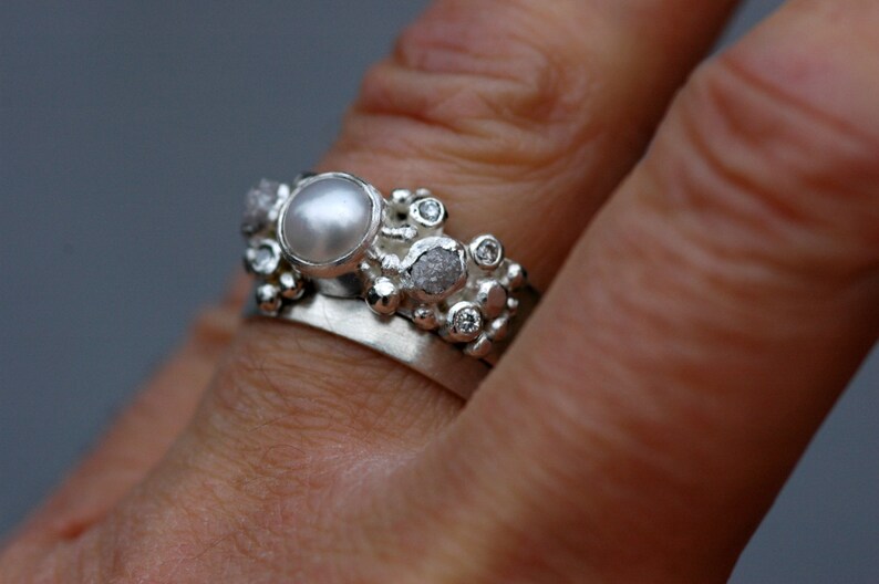 Rough Diamond, Diamond Melee and Pearl Engagement Band Custom Made Custom Colour image 5