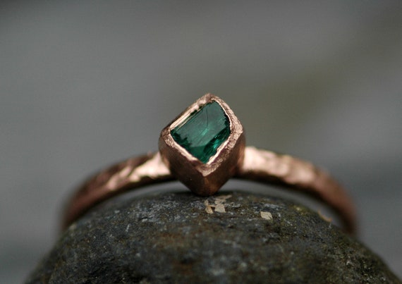 Raw Rough Uncut Colombian Emerald on Recycled 14k or 18k Yellow, Rose, or White Gold Ring- Hammered Band- Made to Order