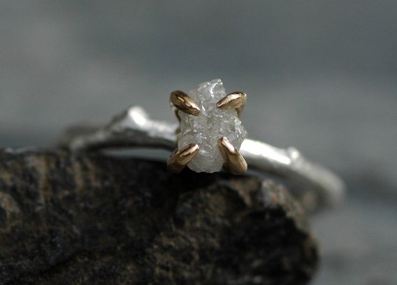 Raw Diamond Sterling Silver and Yellow Gold Branch Ring- Made to Order Engagement Ring Handmade