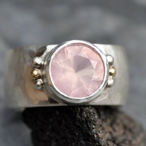 Pink Rose Quartz in Wide Band Sterling Silver Yellow Gold, Ring Ready to Ship Size 7.5 Handmade image 7