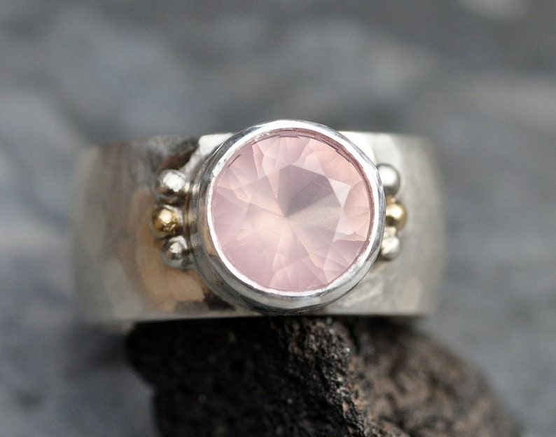 Pink Rose Quartz in Wide Band Sterling Silver Yellow Gold, Ring Ready to Ship Size 7.5 Handmade image 7