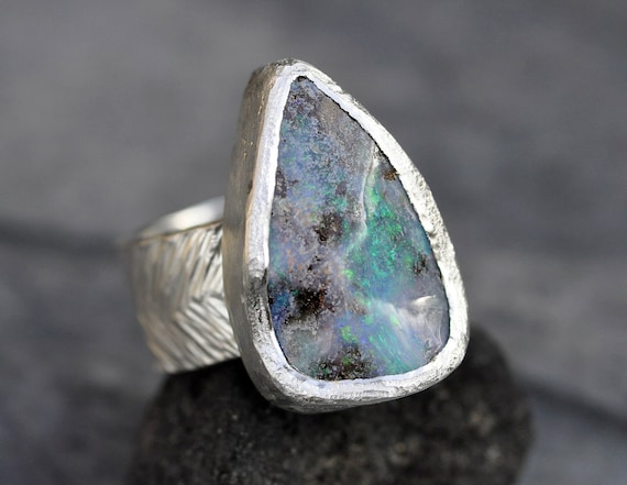 Australian Boulder Opal Wide Band Sterling Silver Ring Made To Order Handmade