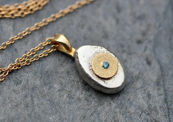 Blue Diamond in 18k Yellow Gold and Sterling Necklace-Ready to Ship Handmade