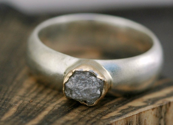 Rough Diamond, Sterling Silver, and Gold  Ring- Made to Order with Conflict Free Raw Diamond