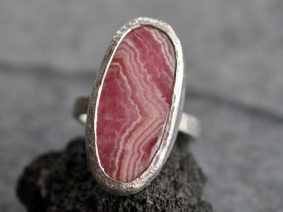 Pink Striped Rhodochrosite Ring in Recycled Hammered Sterling Silver Band Ready to Ship Size 7 Handmade in Canada