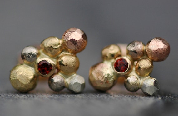 Spessartine Garnets in Orb Cluster Rose, White, and Yellow Gold and Silver Post Earrings- Ready to Ship Handmade