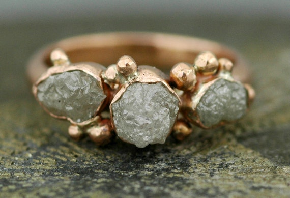 Trio Rough Raw Diamonds on Recycled White, Rose, or Yellow Gold Engagement Ring- Made To Order Handmade