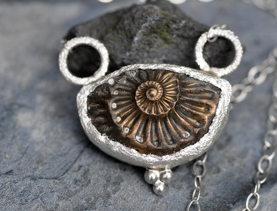 Pyrite Ammonite Negative Fossil in Hammered Recycled Sterling Silver Chain Necklace
