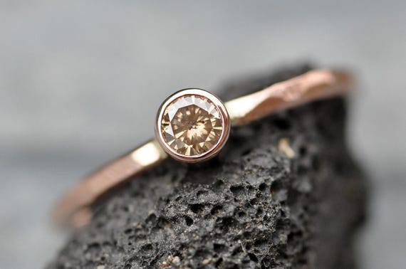 Cognac Chocolate Diamond in Recycled 14k Rose Gold Engagement Ring- Textured Faceted Band, Made to Order