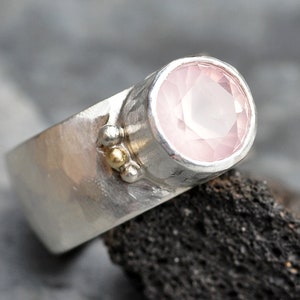 Pink Rose Quartz in Wide Band Sterling Silver Yellow Gold, Ring Ready to Ship Size 7.5 Handmade image 6