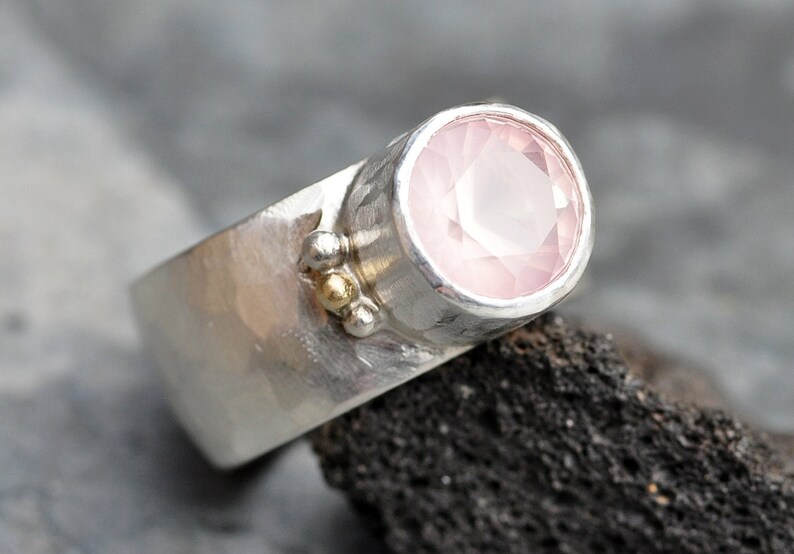 Pink Rose Quartz in Wide Band Sterling Silver Yellow Gold, Ring Ready to Ship Size 7.5 Handmade image 6