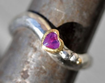 Heart Silky Sapphire Ring, Recycled Sterling Silver, 22K Gold Bezel, Wave Band, Size 7