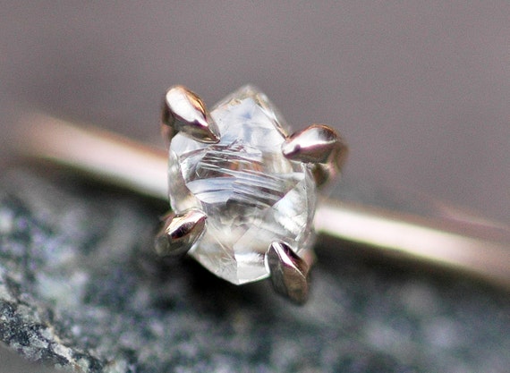 Engagement Ring- Transparent Raw Rough Diamond on Thin Recycled Gold Band- Custom Made Engagement Ring