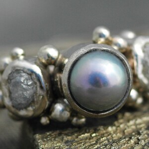 14k or 18k Recycled Gold Ring with Rough Diamonds and Saltwater Pearl Custom Made Handmade image 3