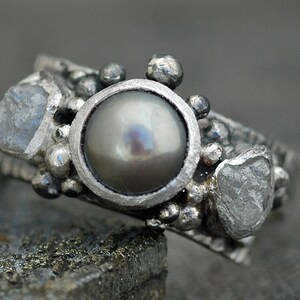 Raw Rough Diamonds and Steel Grey Pearl in Textured Sterling Silver Ring Custom Made Handmade image 2