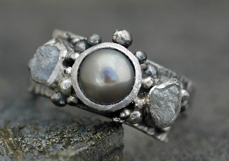 Raw Rough Diamonds and Steel Grey Pearl in Textured Sterling Silver Ring Custom Made Handmade image 2