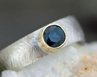 White and Yellow Recycled Gold Ring with Indigo Blue Sapphire Handmade