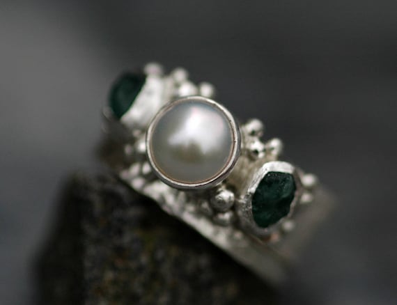 Raw Emerald and Pearl Sterling Silver Ring- One Ring or Two Ring Bridal Set