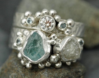 Multistone Raw Aquamarine, Rough Raw and Cut Diamond Sterling Silver or Gold Stacking Ring Set- Two Custom Made Rings