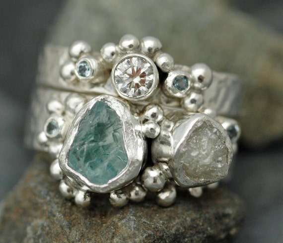 Multistone Raw Aquamarine, Rough Raw and Cut Diamond Sterling Silver or Gold Stacking Ring Set- Two Custom Made Rings