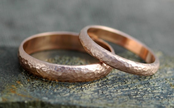 His and Hers 14k Gold Wedding Band Set- Custom Made Recycled Gold Wide Ring and Thin Ring Set