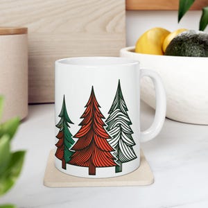 Christmas Trees Ceramic Mug, Festive Holiday Coffee Cup, 11oz 15oz Tea Mug, Xmas Tree Winter Hot Cocoa Mug, Christmas Gift, Decorative