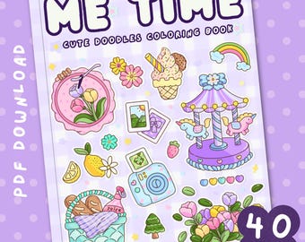 Puede incluir: Un libro para colorear morado y blanco con el título "Me Time Cute Doodles Coloring Book". La portada presenta una variedad de garabatos lindos, que incluyen un carrusel, un cono de helado, flores, una cámara y una canasta de picnic. El libro tiene 40 páginas.