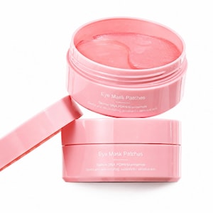 May include: Two round, light pink plastic jars containing eye mask patches. The top jar is open, revealing translucent pink gel patches inside. Both jars feature white text that reads Eye Mask Patches, Salmon DNA PDRN Niacinamide.